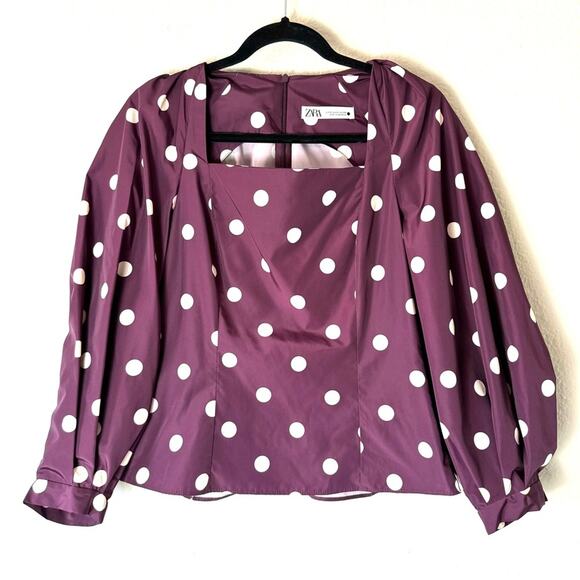 Zara Purple Polkadot Puff Sleeve Square Neck Taffeta Blouse Size Medium - Picture 2 of 9